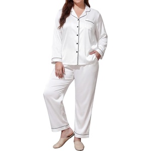 image:imageSWOMOG Womens Plus Size Pajamas Silky Pajama Set Button Down Sleepwear Classic Silk Pj Set Ladies Two Piece Loungewear SetWhite