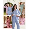image:imageSWOMOG 100 Cotton Pajama Sets for Women Long Sleeve Button Down Plaid Sleep Set 2 Pcs Striped Loungewear with PocketsGreen White Striped