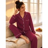 image:imageSWOMOG 100 Cotton Pajamas Set for Women 2PCS Stripe Button Down Pjs Set Sleepwear Soft Long Sleeve Lounge with PocketWine Red