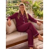 image:imageSWOMOG 100 Cotton Pajamas Set for Women 2PCS Stripe Button Down Pjs Set Sleepwear Soft Long Sleeve Lounge with PocketWine Red