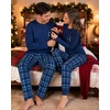 image:imageSWOMOG Adult Christmas Pajamas Buffalo Plaid Pajama Pants with Pockets Long Sleeve Tops for Couples amp FamilyDark Blue Plaid