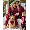 image:imageSWOMOG Couples Matching Silk Satin Pajamas Set Long Sleeve Sleepwear Soft Button Down Loungewear 2 Pcs Pj SetBurgundy