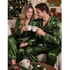 image:imageSWOMOG Couples Matching Silk Satin Pajamas Set Long Sleeve Sleepwear Soft Button Down Loungewear 2 Pcs Pj SetOlive Green