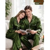 image:imageSWOMOG Couples Matching Silk Satin Pajamas Set Long Sleeve Sleepwear Soft Button Down Loungewear 2 Pcs Pj SetOlive Green