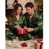 image:imageSWOMOG Couples Matching Silk Satin Pajamas Set Long Sleeve Sleepwear Soft Button Down Loungewear 2 Pcs Pj SetOlive Green