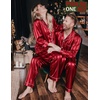 image:imageSWOMOG Couples Matching Silk Satin Pajamas Set Long Sleeve Sleepwear Soft Button Down Loungewear 2 Pcs Pj SetRed Striped