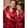 image:imageSWOMOG Couples Matching Silk Satin Pajamas Set Long Sleeve Sleepwear Soft Button Down Loungewear 2 Pcs Pj SetRed Striped