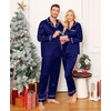 image:imageSWOMOG Family Christmas Pajamas Matching Sets Stain Silk Family Pajamas Long Sleeve Button Down Pj Set Holiday SleepwearBindingdeep Navy Blue