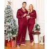 image:imageSWOMOG Family Christmas Pajamas Matching Sets Stain Silk Family Pajamas Long Sleeve Button Down Pj Set Holiday SleepwearBindingdeep Wine Red