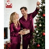 image:imageSWOMOG Matching Family Pajamas Set Silky Satin Christmas Pj Set Long Sleeve Button Down Sleepwear 2 Pcs Couple Matching SetDeep Wine Red