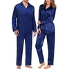 image:imageSWOMOG Matching Family Pajamas Set Silky Satin Christmas Pj Set Long Sleeve Button Down Sleepwear 2 Pcs Couple Matching SetNavy Blue