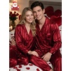 image:imageSWOMOG Matching Family Pajamas Set Silky Satin Christmas Pj Set Long Sleeve Button Down Sleepwear 2 Pcs Couple Matching SetRed Striped