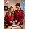 image:imageSWOMOG Matching Family Pajamas Set Silky Satin Christmas Pj Set Long Sleeve Button Down Sleepwear 2 Pcs Couple Matching SetRed Striped