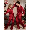 image:imageSWOMOG Matching Family Pajamas Set Silky Satin Christmas Pj Set Long Sleeve Button Down Sleepwear 2 Pcs Couple Matching SetRed Striped