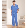 image:imageSWOMOG Mens 100 Cotton Pajama Set 2Pcs Button Down Pjs Set Short Sleeve Sleepwear with Long Pants Soft Stripe NightwearBright Blue Stripe