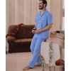 image:imageSWOMOG Mens 100 Cotton Pajama Set 2Pcs Button Down Pjs Set Short Sleeve Sleepwear with Long Pants Soft Stripe NightwearBright Blue Stripe