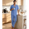 image:imageSWOMOG Mens 100 Cotton Pajama Set 2Pcs Button Down Pjs Set Short Sleeve Sleepwear with Long Pants Soft Stripe NightwearBright Blue Stripe
