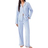 image:imageSWOMOG Women 100 Cotton Pajama Sets Two Piece Long Sleeve Ruffle Pj Sets Button Down Sleepwear Loungewear with PantsBlue Stripe