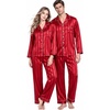 image:imageSWOMOG Couples Matching Silk Satin Pajamas Set Long Sleeve Sleepwear Soft Button Down Loungewear 2 Pcs Pj SetRed Striped