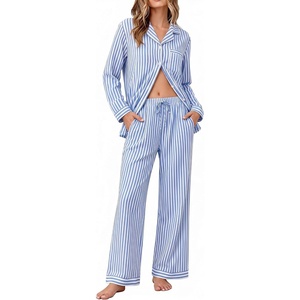 image:imageSWOMOG 100 Cotton Pajama Sets for Women Long Sleeve Button Down Plaid Sleep Set 2 Pcs Striped Loungewear with PocketsBlue Striped