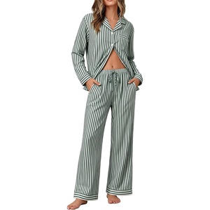 image:imageSWOMOG 100 Cotton Pajama Sets for Women Long Sleeve Button Down Plaid Sleep Set 2 Pcs Striped Loungewear with PocketsGreen White Striped