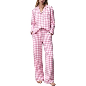 image:imageSWOMOG 100 Cotton Pajama Sets for Women Long Sleeve Button Down Plaid Sleep Set 2 Pcs Striped Loungewear with PocketsLight Pink Plaid