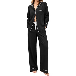 image:imageSWOMOG 100 Cotton Pajamas Set for Women 2PCS Stripe Button Down Pjs Set Sleepwear Soft Long Sleeve Lounge with PocketBlack
