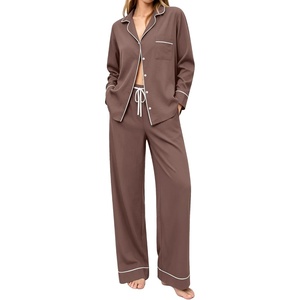 image:imageSWOMOG 100 Cotton Pajamas Set for Women 2PCS Stripe Button Down Pjs Set Sleepwear Soft Long Sleeve Lounge with PocketBrown