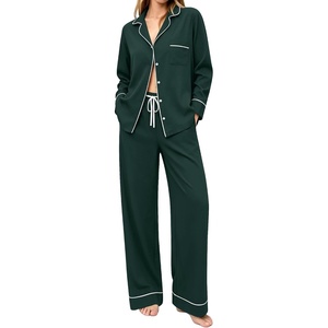 image:imageSWOMOG 100 Cotton Pajamas Set for Women 2PCS Stripe Button Down Pjs Set Sleepwear Soft Long Sleeve Lounge with PocketDark Green