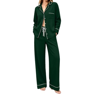 image:imageSWOMOG 100 Cotton Pajamas Set for Women 2PCS Stripe Button Down Pjs Set Sleepwear Soft Long Sleeve Lounge with PocketGreen
