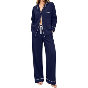 image:imageSWOMOG 100 Cotton Pajamas Set for Women 2PCS Stripe Button Down Pjs Set Sleepwear Soft Long Sleeve Lounge with PocketNavy Blue