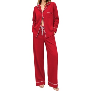 image:imageSWOMOG 100 Cotton Pajamas Set for Women 2PCS Stripe Button Down Pjs Set Sleepwear Soft Long Sleeve Lounge with PocketRed