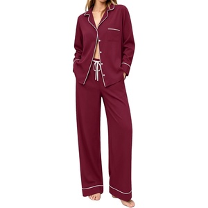 image:imageSWOMOG 100 Cotton Pajamas Set for Women 2PCS Stripe Button Down Pjs Set Sleepwear Soft Long Sleeve Lounge with PocketWine Red