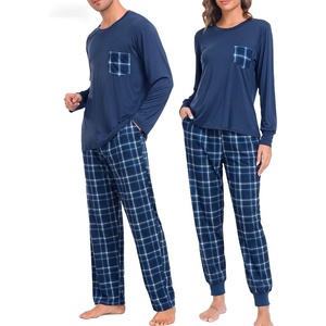 image:imageSWOMOG Adult Christmas Pajamas Buffalo Plaid Pajama Pants with Pockets Long Sleeve Tops for Couples amp FamilyDark Blue Plaid