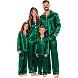 image:imageSWOMOG Christmas Matching Family Pajamas Set Silk Satin Button Down Long Sleeve WomenMenKids 2PCS Holiday SleepwearGreen Emerald