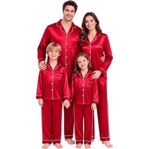 image:imageSWOMOG Couple Satin Matching Pajamas Sets 2 Pieces Long Sleeve Silk LoungewearRed