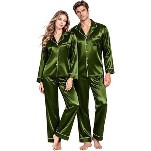 image:imageSWOMOG Couples Matching Silk Satin Pajamas Set Long Sleeve Sleepwear Soft Button Down Loungewear 2 Pcs Pj SetOlive Green