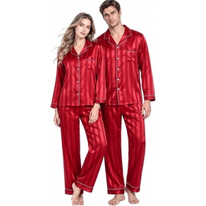 image:imageSWOMOG Couples Matching Silk Satin Pajamas Set Long Sleeve Sleepwear Soft Button Down Loungewear 2 Pcs Pj SetRed Striped