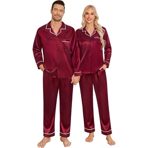 image:imageSWOMOG Family Christmas Pajamas Matching Sets Stain Silk Family Pajamas Long Sleeve Button Down Pj Set Holiday SleepwearBindingdeep Wine Red