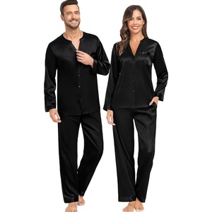 image:imageSWOMOG Family Christmas Pajamas Matching Sets Stain Silk Family Pajamas Long Sleeve Button Down Pj Set Holiday SleepwearBlack