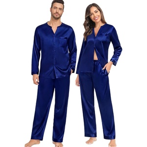 image:imageSWOMOG Family Christmas Pajamas Matching Sets Stain Silk Family Pajamas Long Sleeve Button Down Pj Set Holiday SleepwearNavy Blue