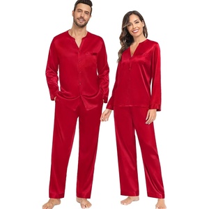 image:imageSWOMOG Family Christmas Pajamas Matching Sets Stain Silk Family Pajamas Long Sleeve Button Down Pj Set Holiday SleepwearRed