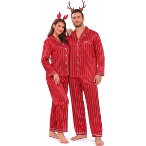 image:imageSWOMOG Family Matching Pajamas Set Silk Satin Button Down Sleepwear Long Sleeve Nightwear 2 Pcs Pj Set SXXLRed Feature Stripe