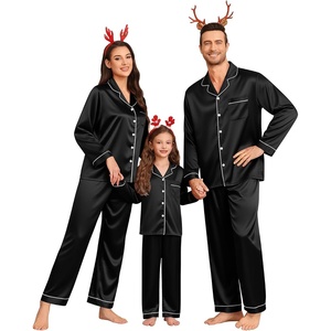 image:imageSWOMOG Family Matching Pajamas Set Silk Satin Button Down Sleepwear Long Sleeve Nightwear 2 Pcs Pj Set Women Black Large