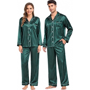 image:imageSWOMOG Family Satin Matching Pajama Set Long Sleeve Sleepwear 2 Pcs Pj SetStriped Dark Green