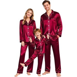 image:imageSWOMOG Family Silky Satin Pajama Set Long Sleeve Pj Set Button Dwon Loungewear 2 PCS Sleepwear Set1 Burgundy