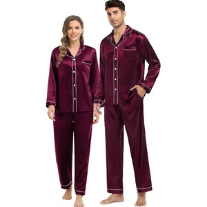 image:imageSWOMOG Family Silky Satin Pajama Set Long Sleeve Pj Set Button Dwon Loungewear 2 PCS Sleepwear SetDeep Wine Red
