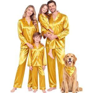 image:imageSWOMOG Matching Family Christmas Pajamas Set Silk Satin Button Down Sleepwear Festival Party Pj SetGold