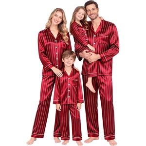 image:imageSWOMOG Matching Family Christmas Pajamas Set Silk Satin Button Down Sleepwear Festival Party Pj SetStripes in Red