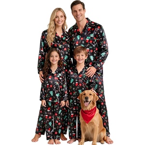 image:imageSWOMOG Matching Family Pajamas Set Silky Satin Christmas Pj Set Long Sleeve Button Down Sleepwear 2 Pcs Couple Matching SetBlack Chirstmas Pattern